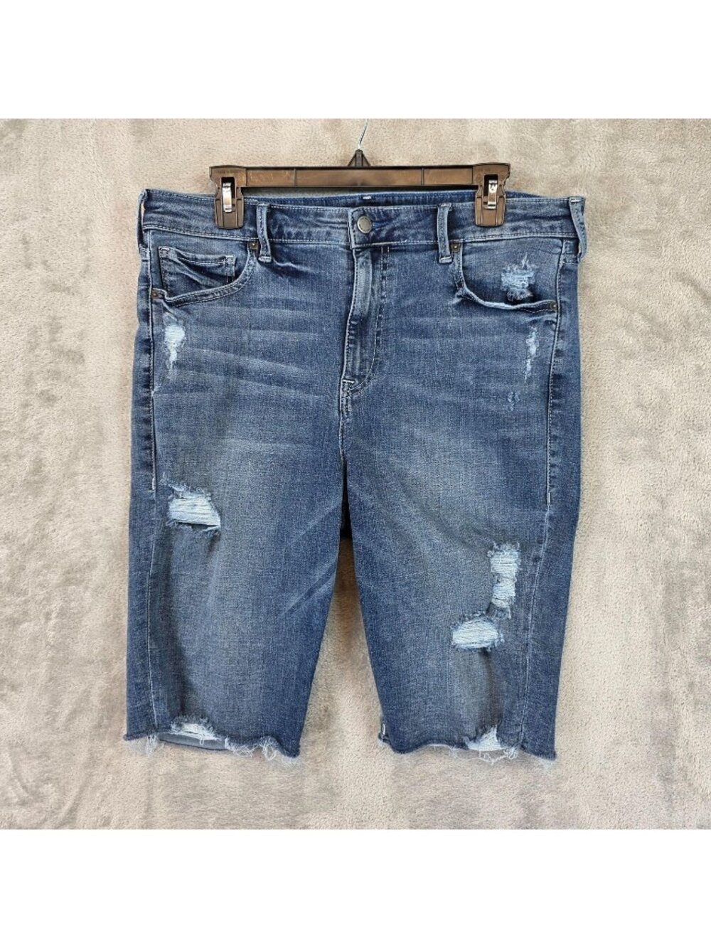 True Religion Shorts Mens 34 Blue Denim Distressed Bermuda 11 Inseam Raw Hem